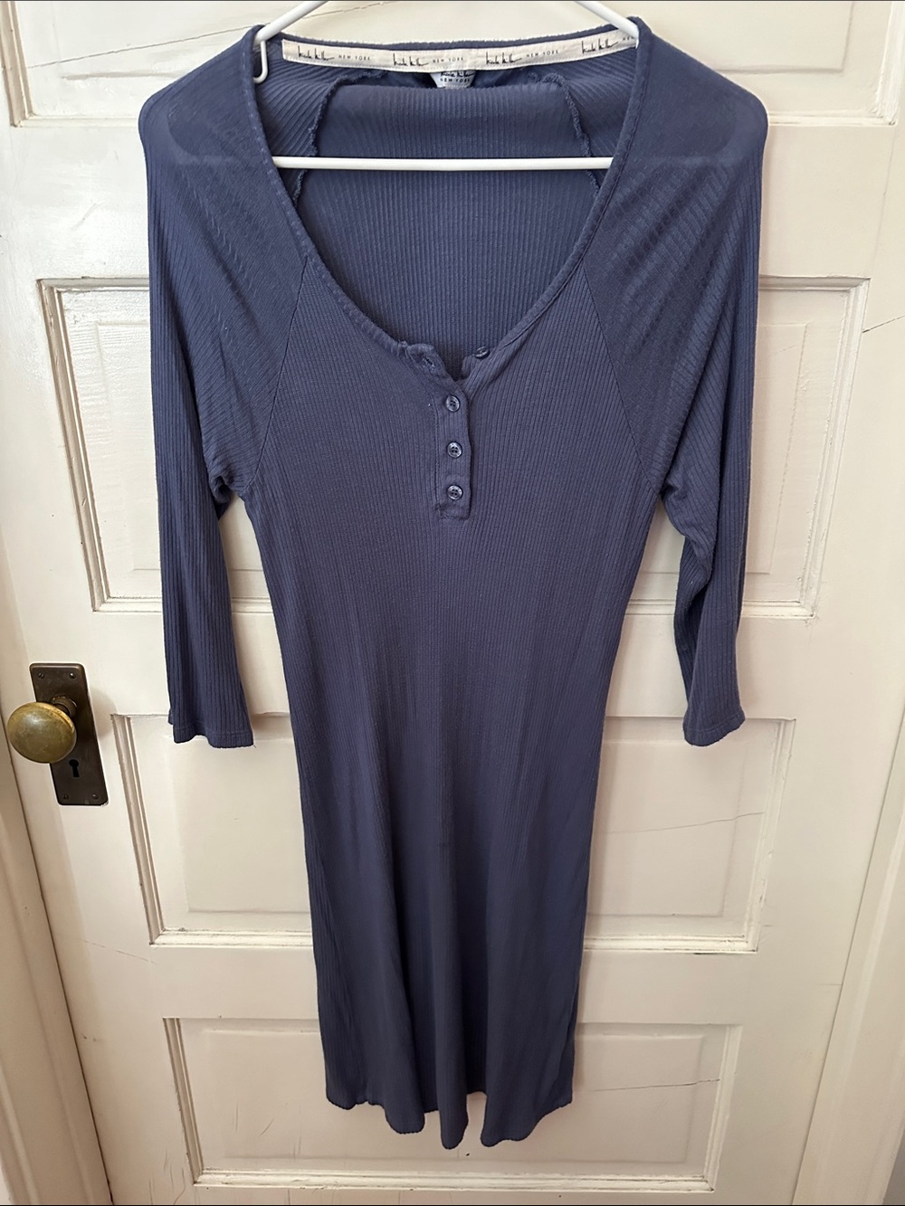 Nicole Miller Long Sleeve Ribbed Henley Dress Slate Blue Nightgown Sleep Dress